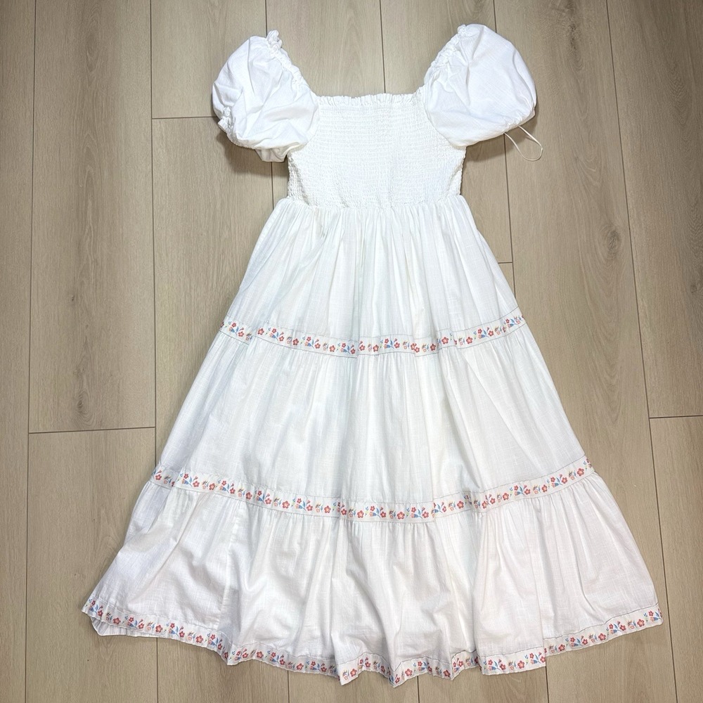 Rachel Zoe Maxi Dress Womens 12 White Floral Puff Sleeve Smocked Boho Cottage